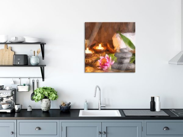 Kerzen mit Zen Steinen und Seerose, Glasbild Quadratisch Schn?ppchen – Bild 3