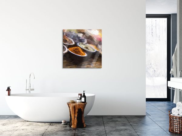Gewürzvielfalt auf Holztisch, Glasbild Quadratisch Verkauf – Bild 4