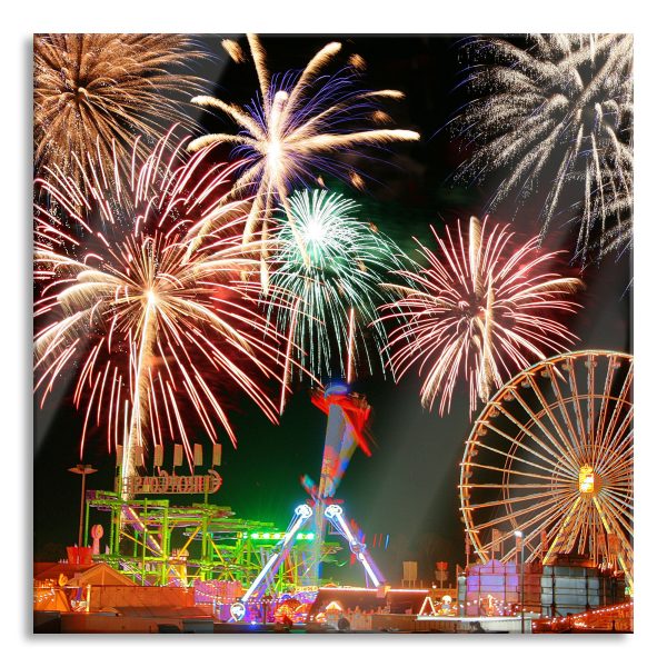 Silvester Riesenrad Feuerwerk, Glasbild Quadratisch Mode