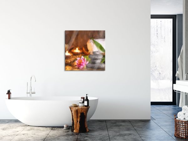 Kerzen mit Zen Steinen und Seerose, Glasbild Quadratisch Schn?ppchen – Bild 4