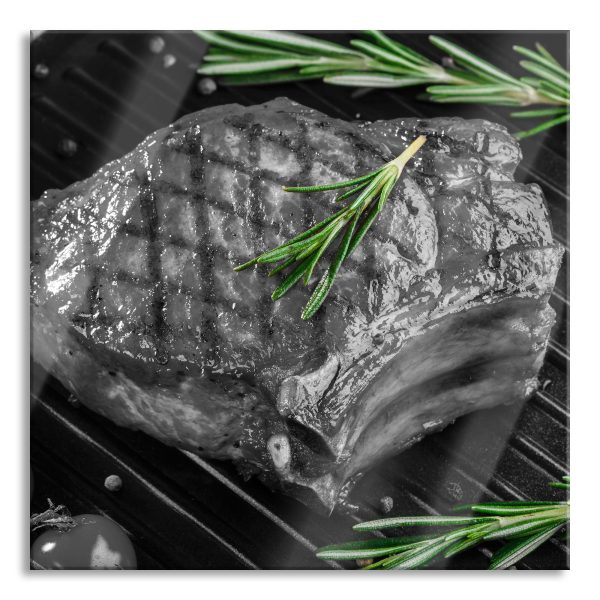 leckeres Rumpsteak auf Grill, Glasbild Quadratisch Online-Verkauf