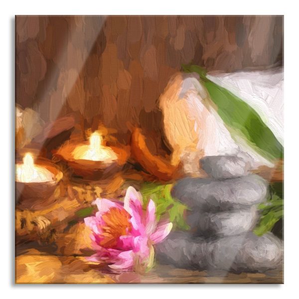 Kerzen mit Zen Steinen und Seerose, Glasbild Quadratisch Schn?ppchen