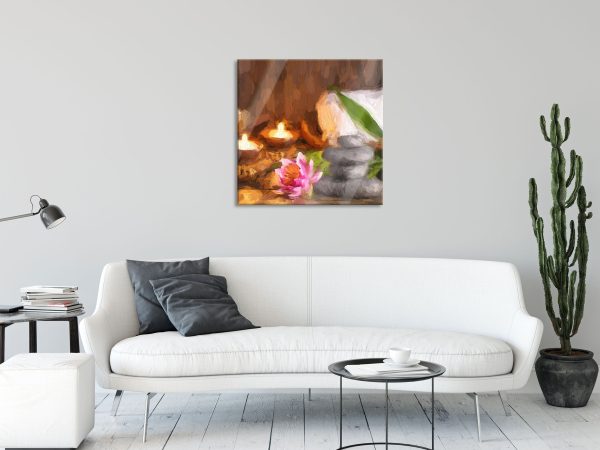 Kerzen mit Zen Steinen und Seerose, Glasbild Quadratisch Schn?ppchen – Bild 2
