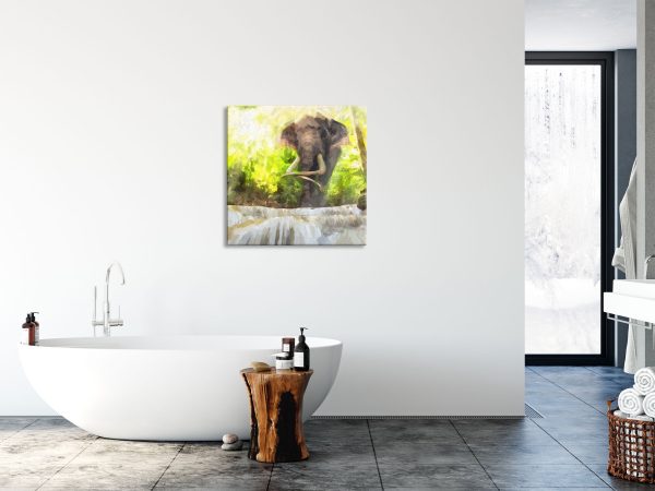 riesiger Elefant am Bach, Glasbild Quadratisch Online – Bild 4