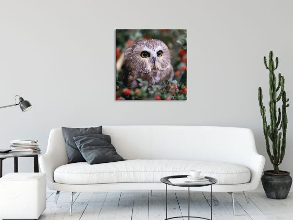 Eule im Vogelbeerenstrauch, Glasbild Quadratisch Jetzt online – Bild 2