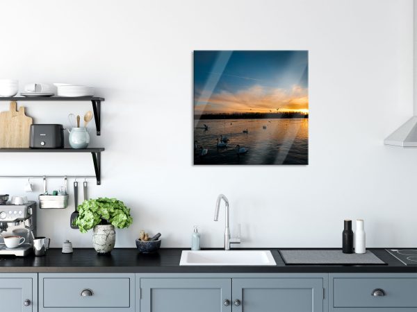 Schwäne im Sonnenuntergang, Glasbild Quadratisch Schn?ppchen – Bild 3